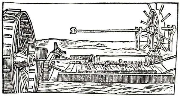 Woodcut of a cannon boring machine. A large water wheel on the left turns a shaft that bores out the barrel of a cannon clamped to a bench. A second wheel stands on the right.